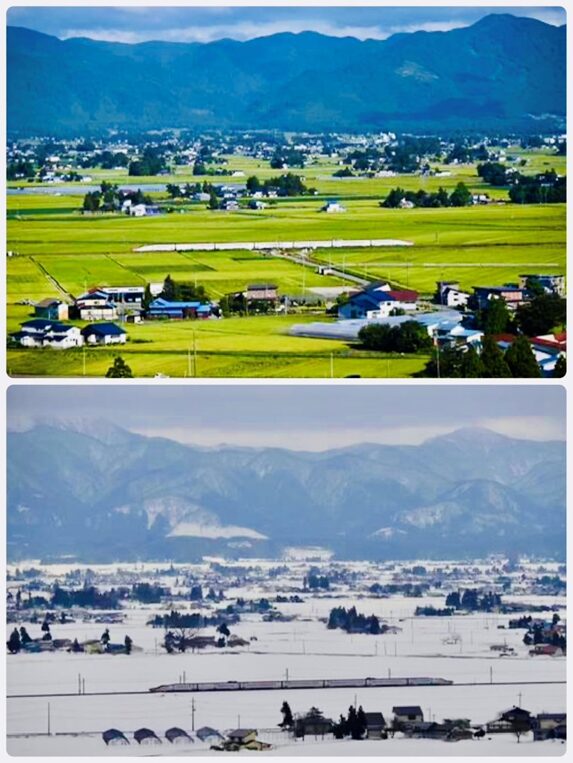 奥羽山脈の麓にひろがる夏の光景と冬の光景の比較画像